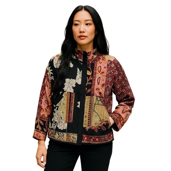 Tru Luxe Floral Patchwork Zipper Snap Front Drawstring Bohemian Jacket - Picture 1 of 9